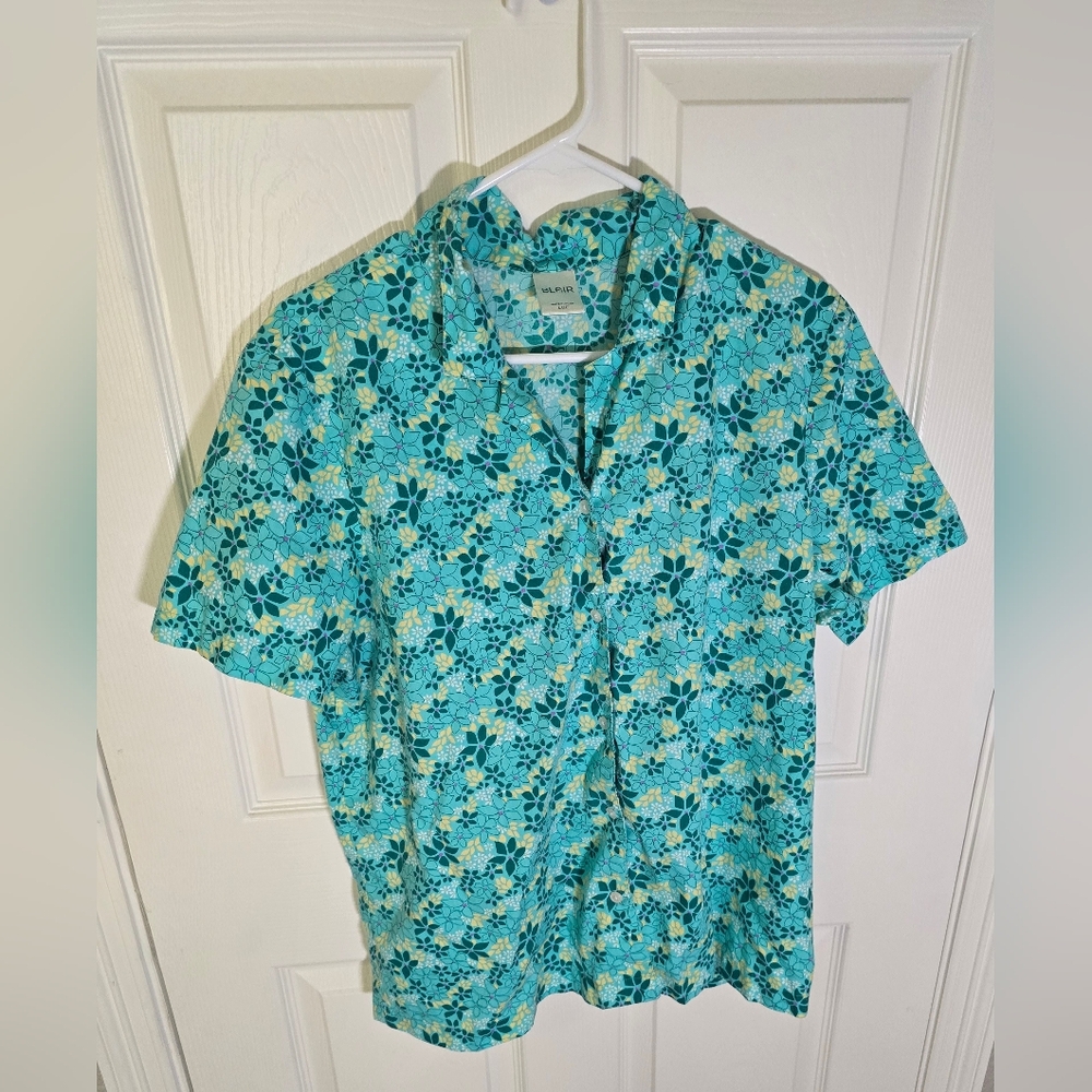 Blair Womens Blue Green Floral Collared Button Up Casual Top Large